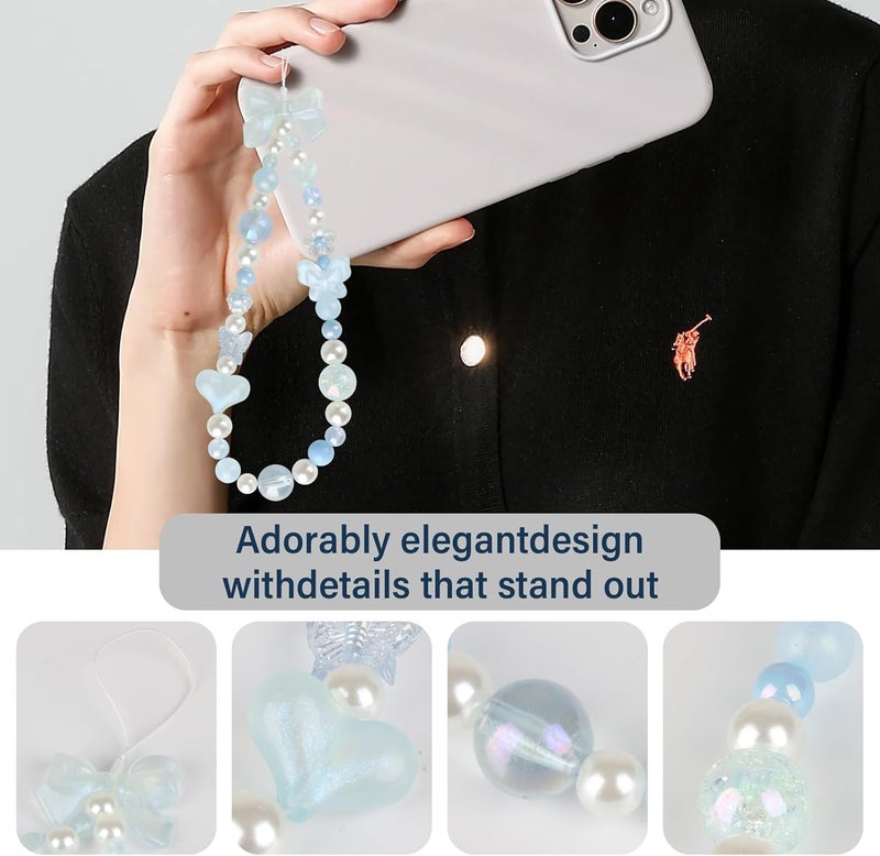 LUVI Beaded Phone Charm Lanyard Wrist Strap Love Heart Bow Beads Butterfly Chain Flower String Pearl Bling Bracelet Keychain Cute Fashion for Women - Image 4